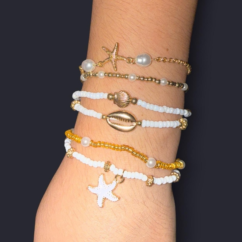 Gold and White Beaded Bracelet Set